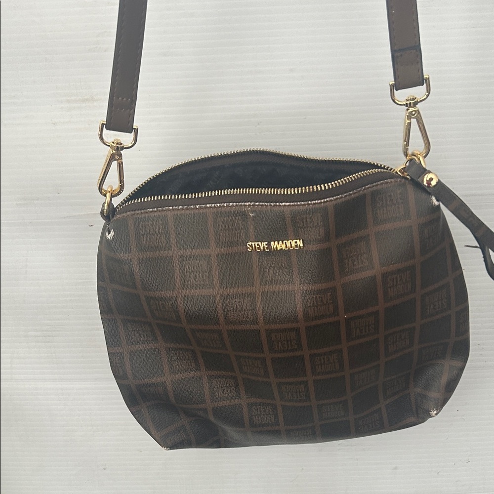 Steve Madden Dark Brown Logo-Print Crossbody Bag with Gold Hardware